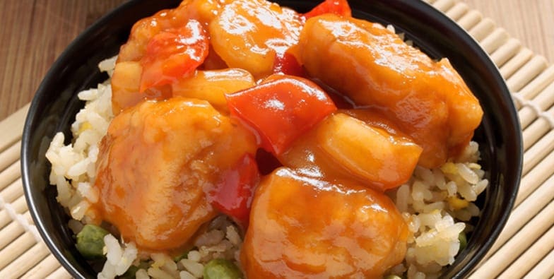 Sweet and sour chicken on rice. 