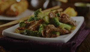 Beef and Broccoli on White Square Plate