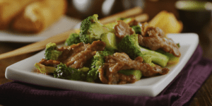 Beef and Broccoli on White Square Plate
