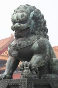 Statue of female Jade Lion with her cub